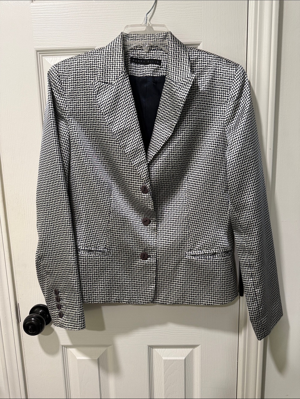 Perry Ellis Navy and White Satin Patterned Women's Blazer